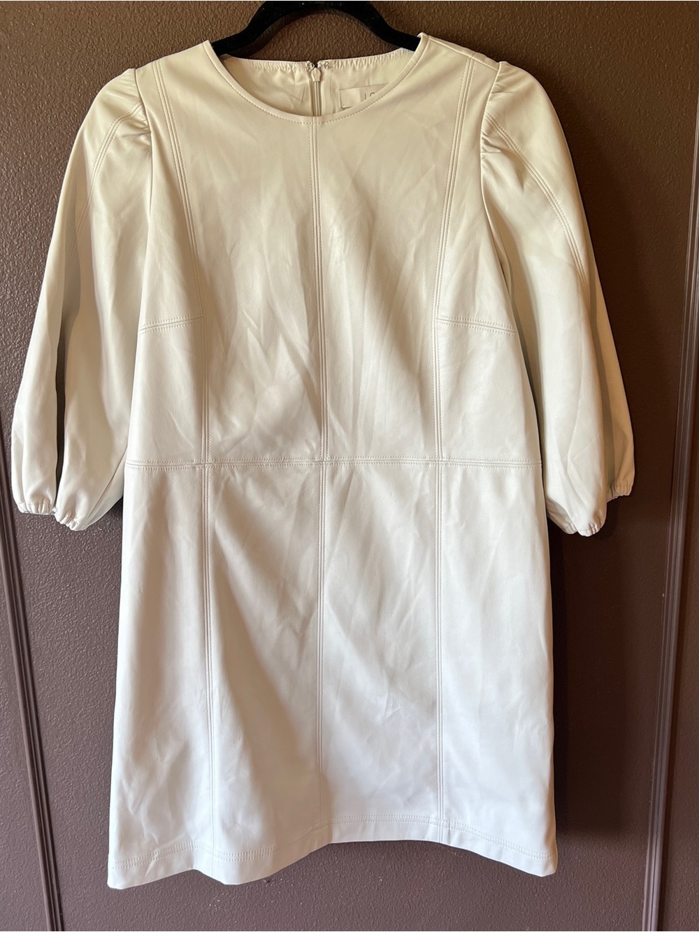 LOFT Ivory Faux Leather Dress with puff sleeves petite